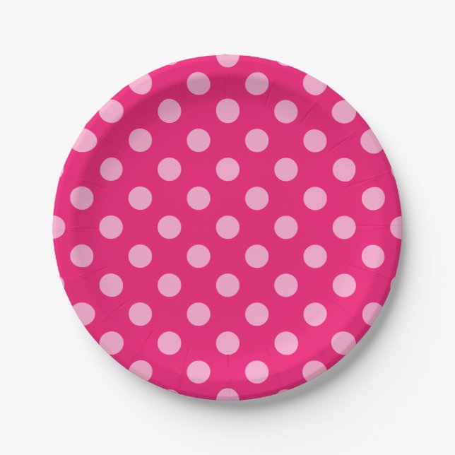 Large Retro Dots, Fuchsia and Pastel Pink Paper Plates (Front)
