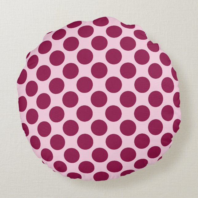 Large retro dots - shell pink and burgundy round pillow (Back)