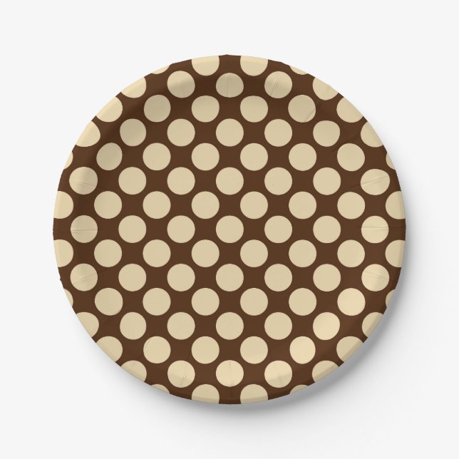 Large retro dots - tan and chocolate brown paper plates (Front)