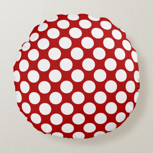 Large retro dots - white and red round pillow (Front)