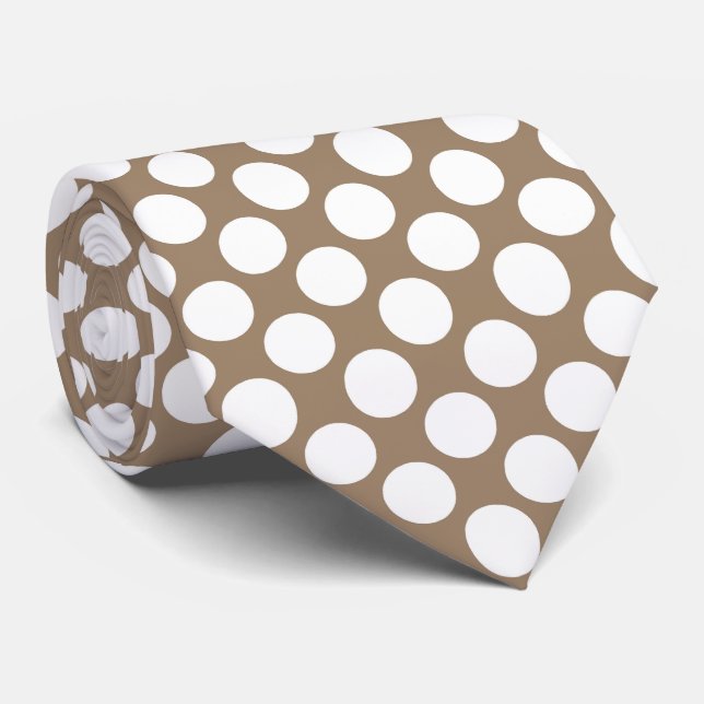 Large retro dots - white and taupe tan neck tie (Rolled)