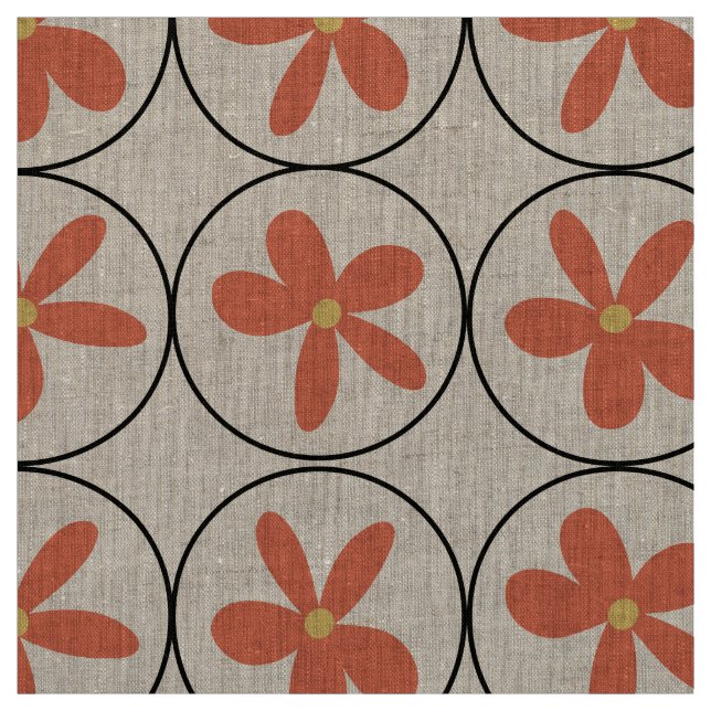Large Retro Peach Floral - Natural Linen Fabric (Swatch)