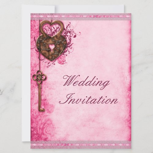 Large Romantic Hearts Lock and Key Pink Wedding Invitation