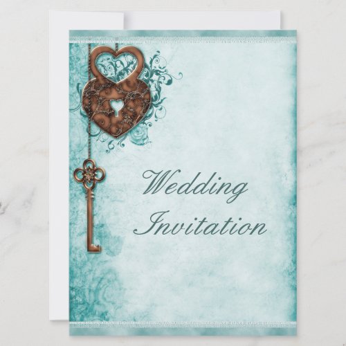 Large Romantic Hearts Lock and Key Teal Wedding Invitation