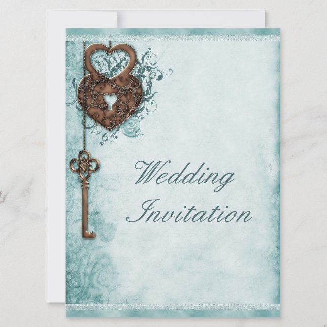 Large Romantic Hearts Lock and Key Teal Wedding Invitation (Front)
