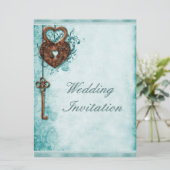 Large Romantic Hearts Lock and Key Teal Wedding Invitation (Standing Front)