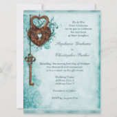 Large Romantic Hearts Lock and Key Teal Wedding Invitation (Back)