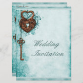 Large Romantic Hearts Lock and Key Teal Wedding Invitation (Front/Back)