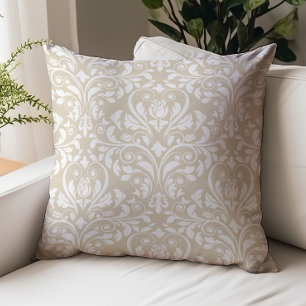 Large Rosebud Vintage Damask Pattern Sand Beige Throw Pillow