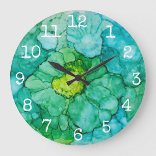 Large Round Clock "Blue-Greens Flowers"