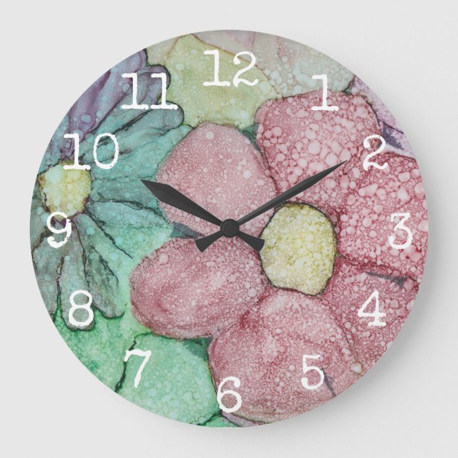 Large Round Clock "Flowers Ink 4" (Front)