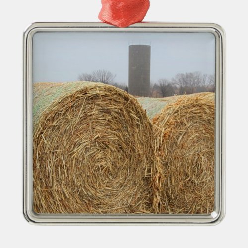 Large Round Hay Bales in a Farm Field Metal Ornament