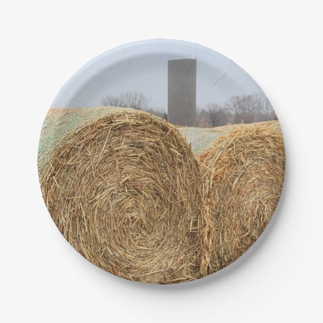 Large Round Hay Bales in a Farm Field Paper Plates (Front)