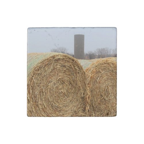 Large Round Hay Bales in a Farm Field Stone Magnet