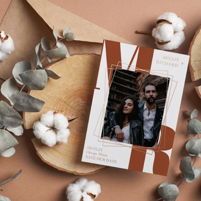 Large Rust Initials Modern Photo Save the Date Foil Invitation | Zazzle