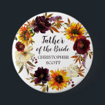 Large Rustic Autumn Floral Father of the Bride Button<br><div class="desc">Dramatic fall flowers include yellow sunflowers, purple peonies, dark burgundy red roses, and ivory white hydrangeas. They are nestled in fall leaves and vines to create a very pretty wreath. Father of the Bride and his name are written in center. This item is part of the Sunflower and Burgundy collection....</div>