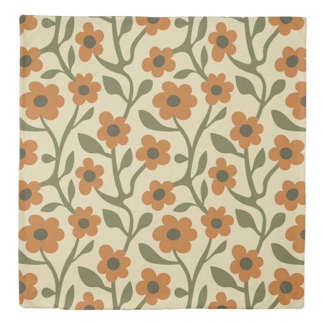 Large Scale Boho Burnt Orange Wavy Daisy Floral Duvet Cover (Front)