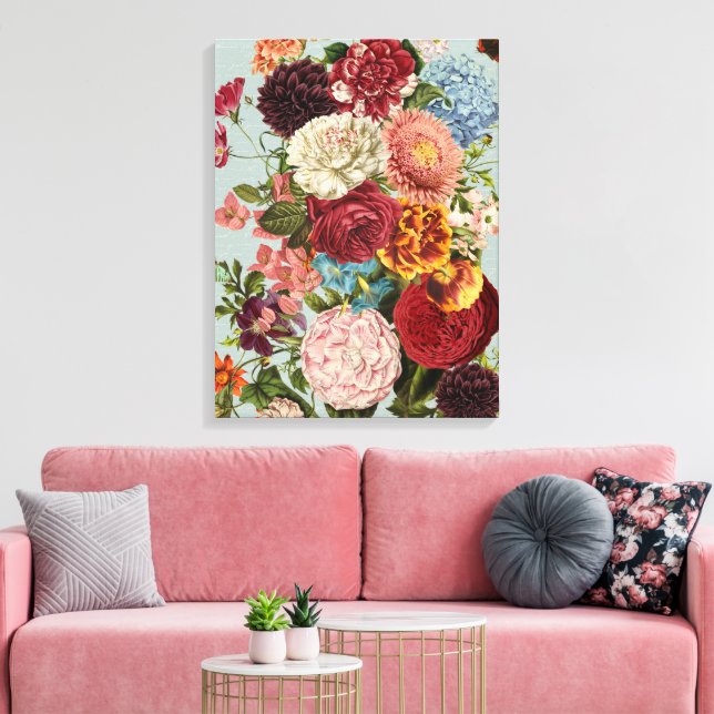Large-scale-florals yellow orange aqua-background canvas print (Insitu(LivingRoom))