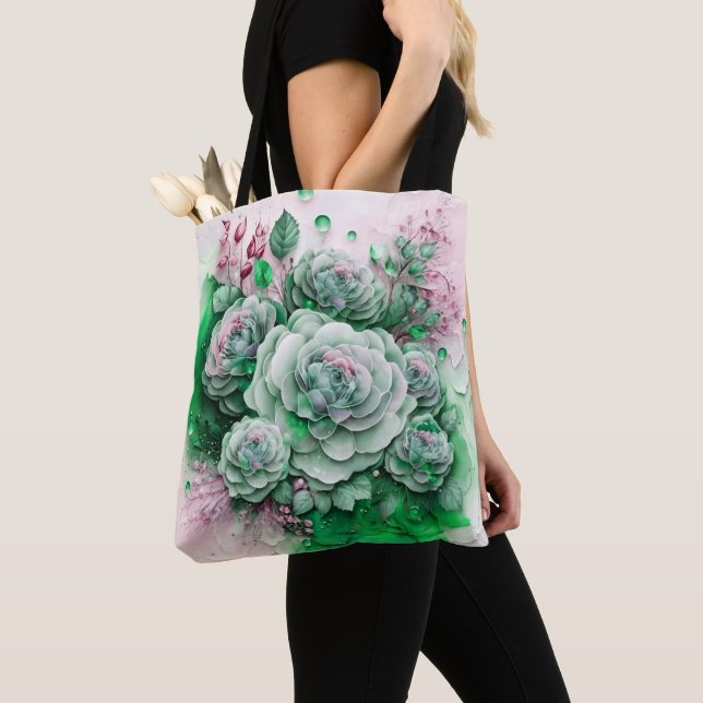 Large Scale Green and Gold Roses Tote Bag (Close Up)