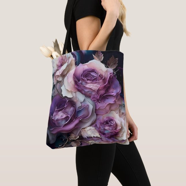Large Scale Purple and Gold Roses Tote Bag (Close Up)