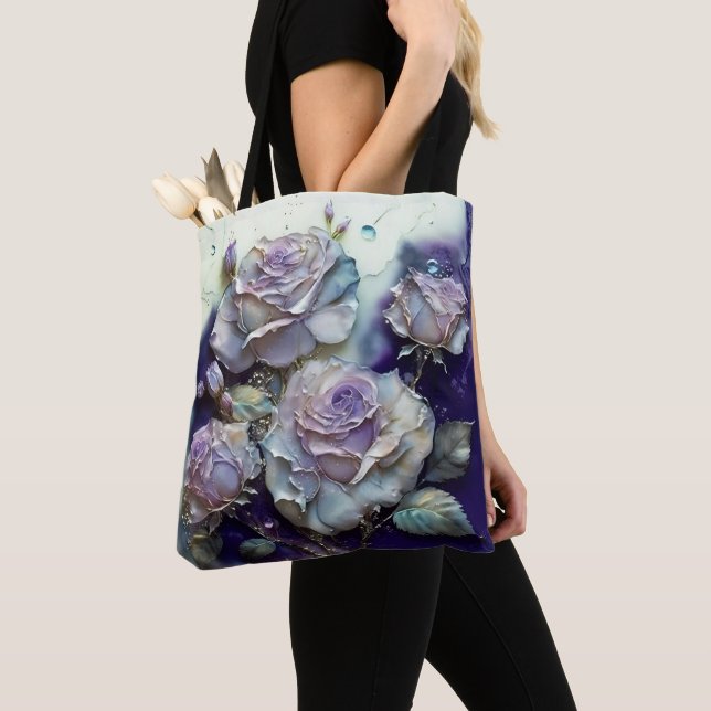 Large Scale Purple and Gold Roses Tote Bag (Close Up)