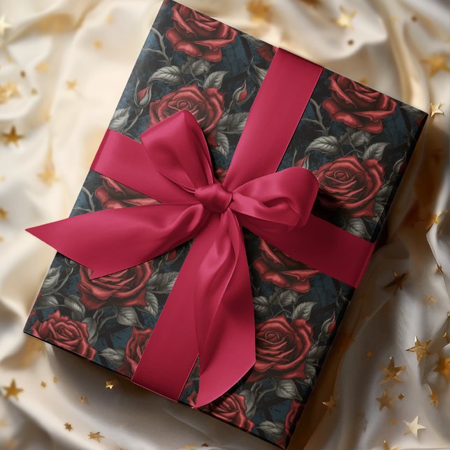 Large Scale Red and Green Roses Moody Dark Floral Wrapping Paper (Creator Uploaded)