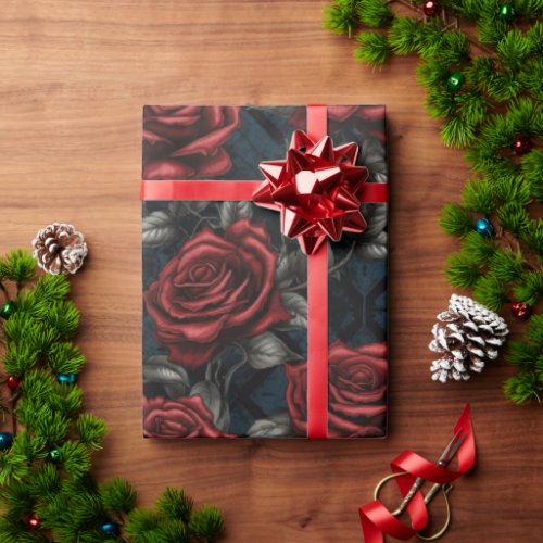Large Scale Red and Green Roses Wrapping Paper