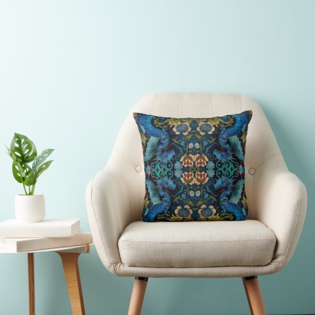 Large Scale Vintage Blue Dragon Botanical  Throw Pillow (Chair)
