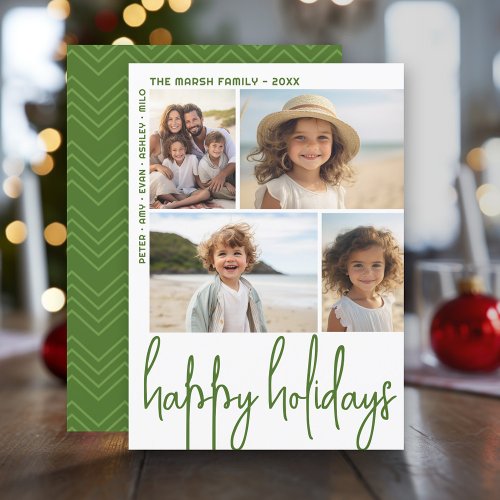 Large Script Olive Green _ 4 Photo Offset _ Happy Holiday Card