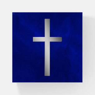 Large Silver Cross on Royal Blue Paperweight