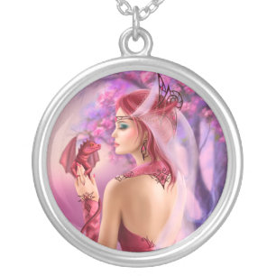Large Silver Plated Necklace queen and red dragon