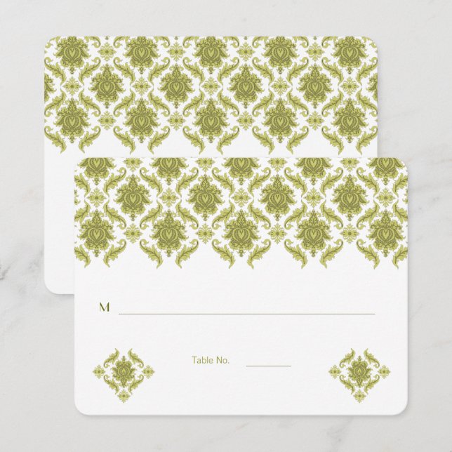 Large Size Olive Damask Wedding Table Place Cards (Front/Back)