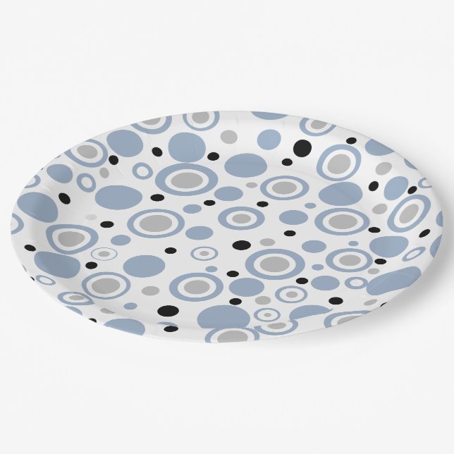 Large Slate Blue Silver Geometric Circles  Paper Plates (Angled)
