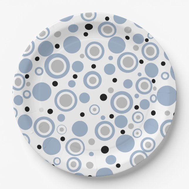 Large Slate Blue Silver Geometric Circles  Paper Plates (Front)