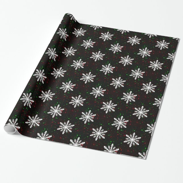 Large Snowflakes Red Green Star Black BG Christmas Wrapping Paper (Unrolled)
