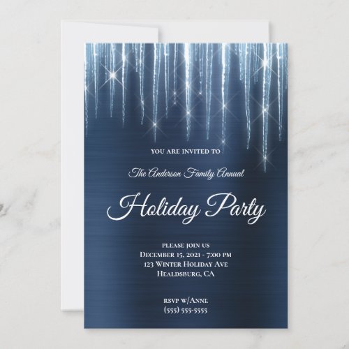 Large Sparkly Icicles Navy Blue Foil Holiday Invitation