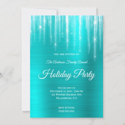 Large Sparkly Icicles Turquoise Blue Foil Holiday Invitation