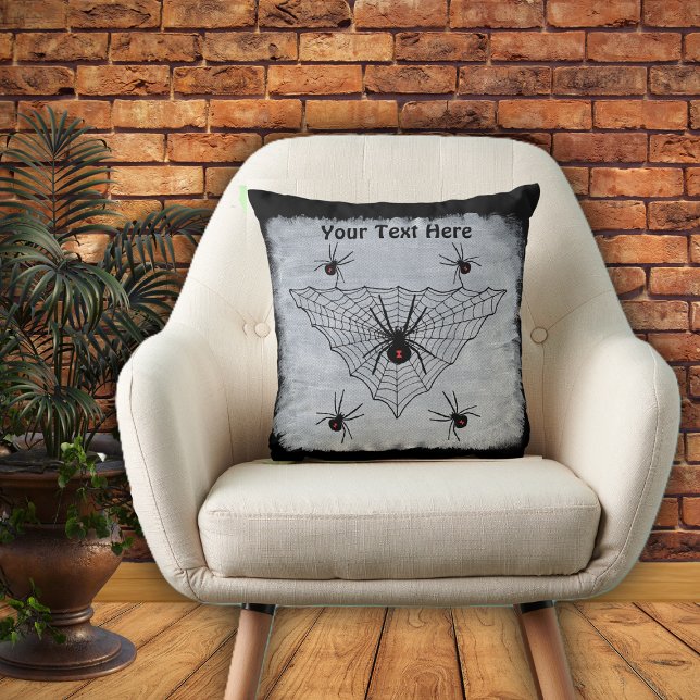 Large Spider Web Black Widow Spiders Black White Throw Pillow (Large spider web black widow spiders red marks on black and white Halloween decorative pillow.)