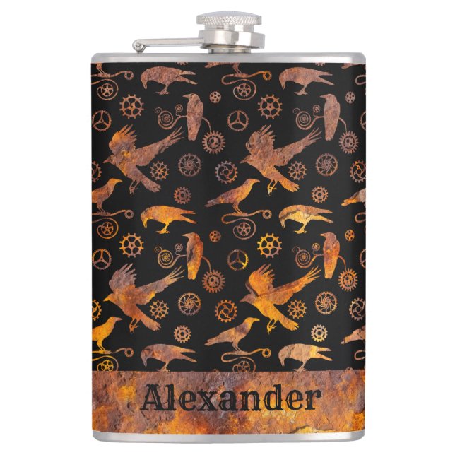 Large Steampunk Colorful Rusty Gears and Crows Flask (Front)