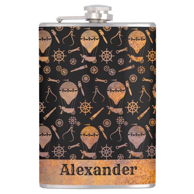 Large Steampunk Rusty Balloons Theme Custom Name Flask (Front)