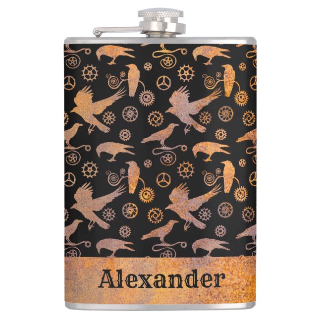 Large Steampunk Rusty Gears and Crows Custom Name Flask (Front)