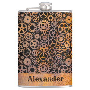 Large Steampunk Rusty Gears Custom Name Flask