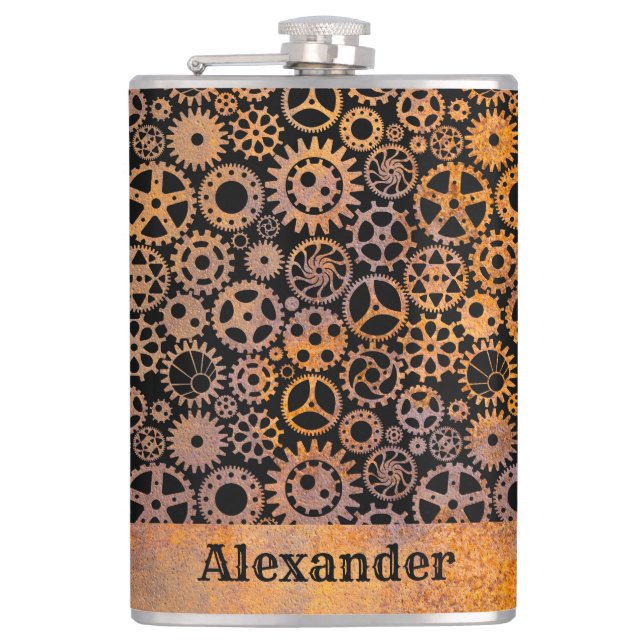 Large Steampunk Rusty Gears Custom Name Flask (Front)