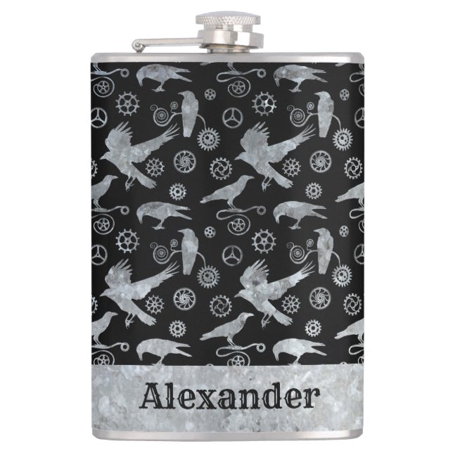 Large Steampunk Silver Zinc Gears and Crows Custom Flask (Front)