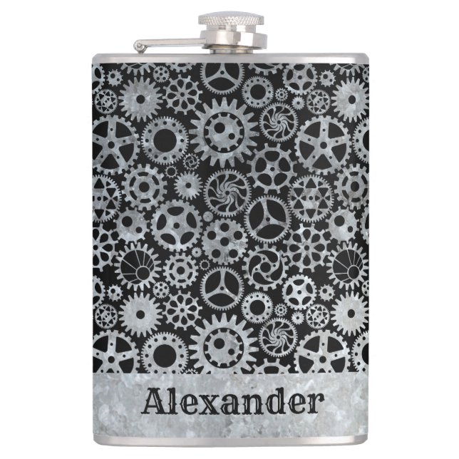 Large Steampunk Silver Zinc Gears Custom Name Flask (Front)
