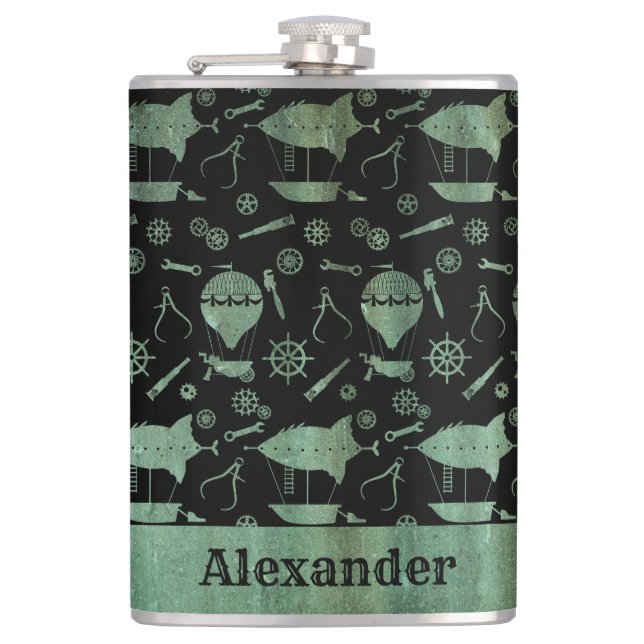 Large Steampunk Verdigris Airship Theme Custom Flask (Front)