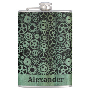 Large Steampunk Verdigris Bronze Gears Custom Name Flask