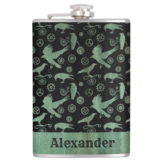 Large Steampunk Verdigris Gears and Crows Custom Flask (Front)