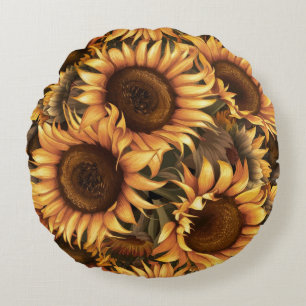 Large Sunflower Flowers Pattern Round Pillow