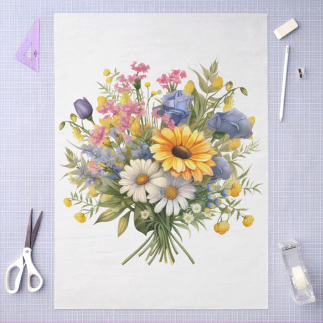 Large Sunflower & Mixed Florals Bouquet Decoupage Tissue Paper | Zazzle